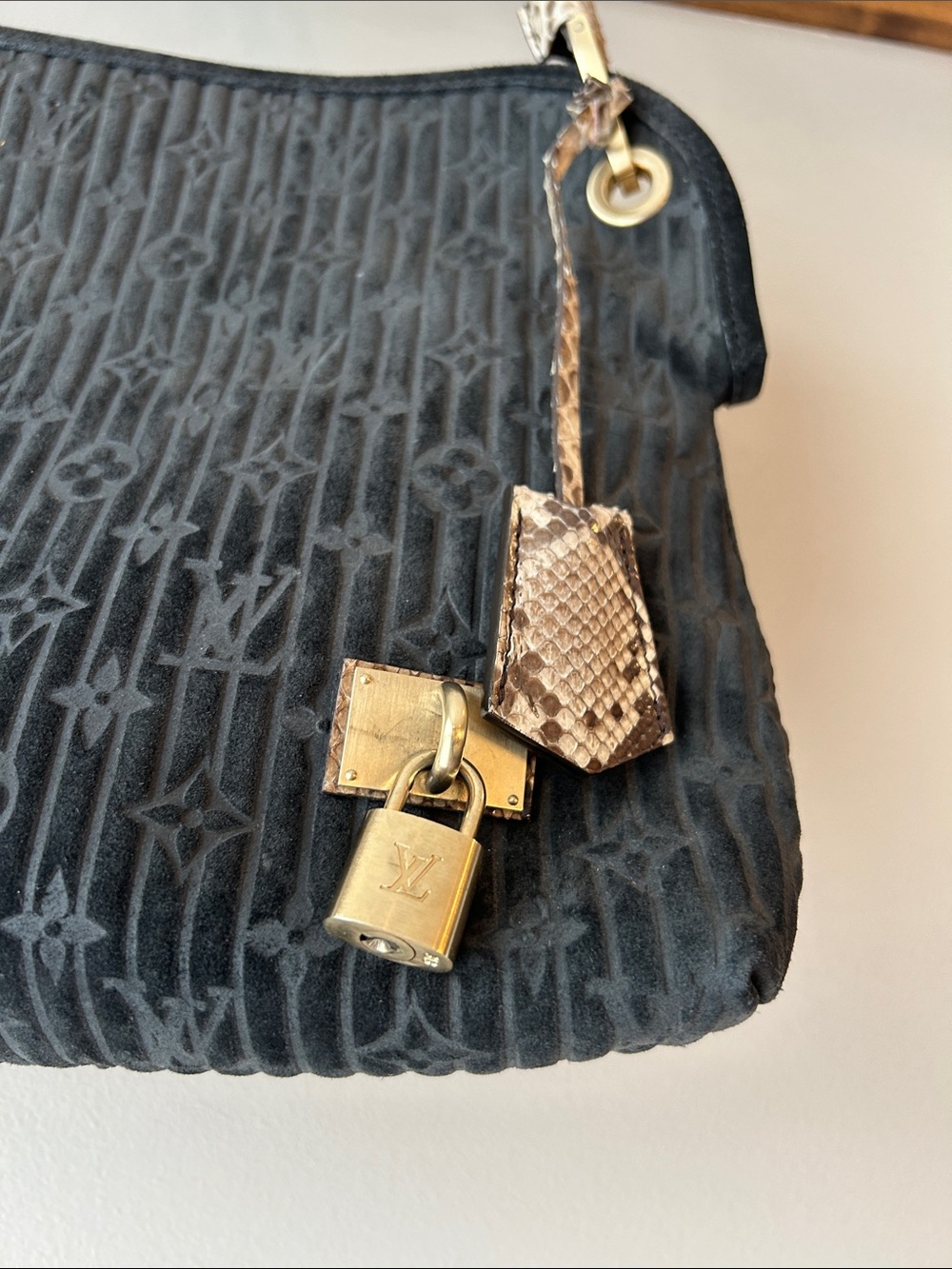 Louis Vuitton Black Monogram Velvet Shoulder Bag with Snakeskin Handle - Picture 2 of 6